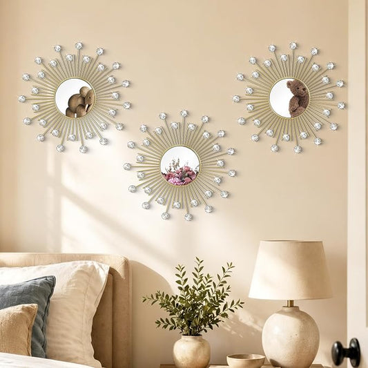 3 Pack Metal Mirrors for Wall Sunburst Wall Mirrors Home Décor Decorative Hanging Wall Art for Living Room Bedroom Entryway (Gold2 Crystal, Sunburst) - Image 2