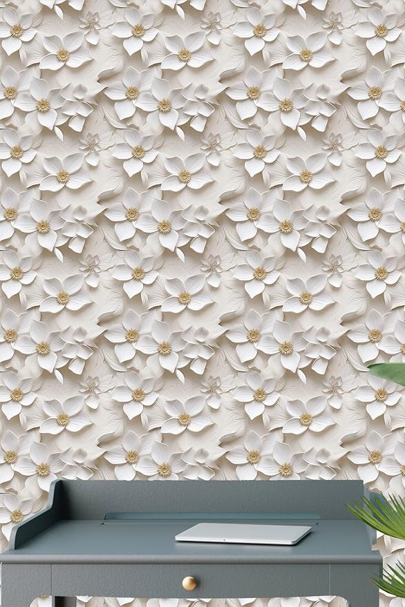 Peel and Stick Wallpaper Cream White Floral Feature | Cream floral wallpaper with raised 3D flower texture for elegant accent walls, bedrooms and modern home decoration. - Image 6