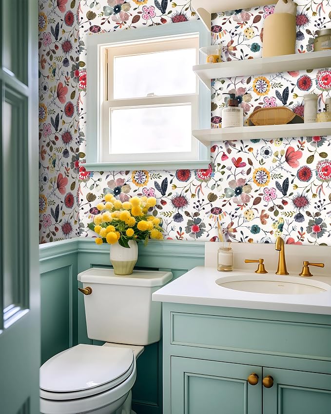 Wallpaper Peel and Stick Floral Wall Paper Removable Waterproof White/Green/Red Contact Paper for Bedroom, Bathroom, Home Wall 17.3" x 118" - Image 7