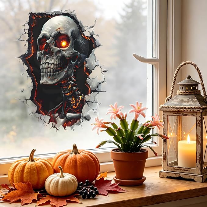 Halloween Skull Wall Decals Scary Skeleton Breaking Through Wall Sticker Flaming Eyes Grim Reaper Removable Vinyl Window Murals Haunted House Horror Theme Party Home Room Decorations - Image 8