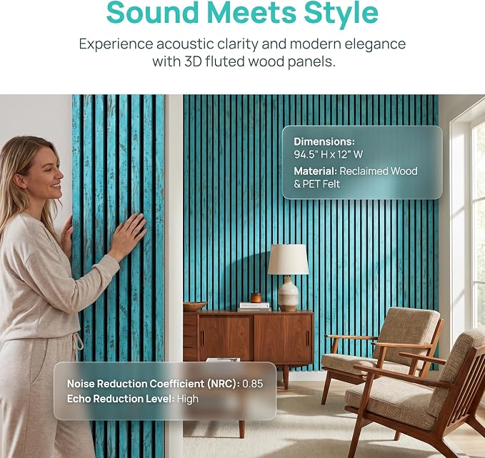 Wood Slat Acoustic Panels, 2 PCS 94.5"x12.6" (16.5ft²) 3D Wall Panels, Interior Wall Decor Noise Cancelling, 3D Fluted Sound Absorbing Panel for Office,Home,Theater,Studio (Turquoise) - Image 7