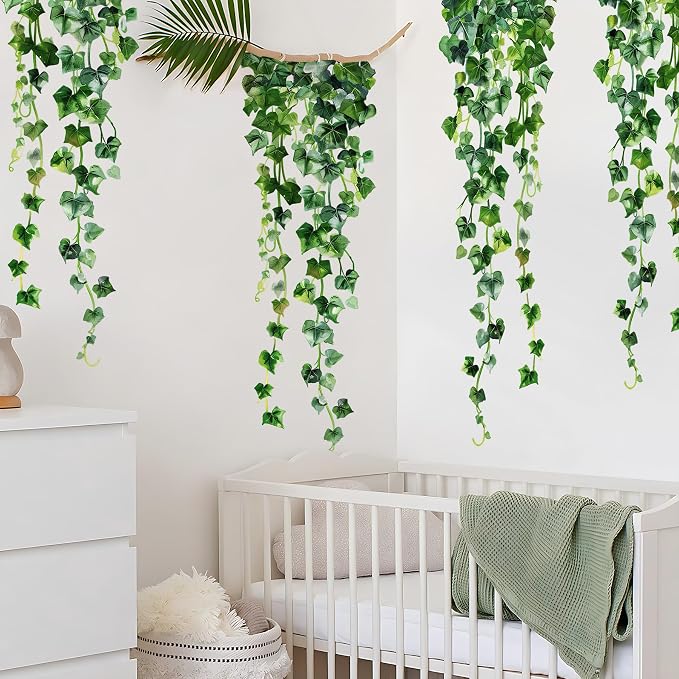 Green Plants Leaves Wall Decals Hanging Vine Wall Stickers Fresh Green Leaf Wall Art Removable Nature Botanical Vine Branches Leaves Murals for Kids Bedroom TV Background Home Decor 91 - Image 6