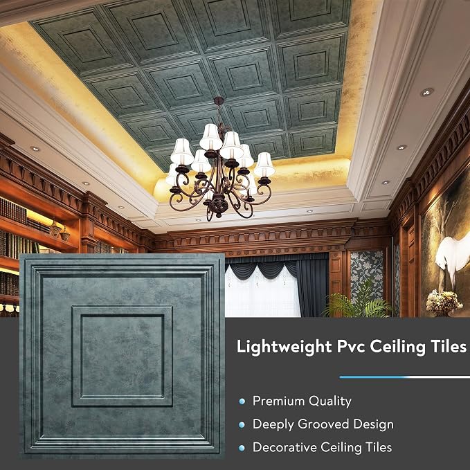STICKGOO Glue-Up Ceiling Tiles, Antique Green Bronze, 24 x 24 in, 12 Pack | 2 x 2ft Drop ceiling panels, PVC decorative ceiling tiles, covers 48 sq ft, waterproof, lightweight - Image 8