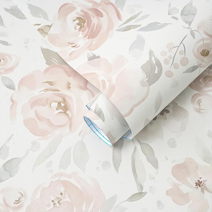Ismoon Pink Floral Peel Stick Wallpaper Boho Watercolor Stick on Wall Paper | 17.3x78.7in Watercolor Contact Paper for Cabinet Removable Self Adhesive Vinyl Wallpaper for Girl Bedroom Accent Wall Decor - Image 9