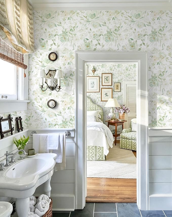 Heroad Green Peel and Stick Wallpaper Floral Contact Paper 17.3''x196'' Large Flower Wallpaper Watercolor Rose Removable Self-Adhesive Wall Paper for Cabinets Bedroom Bathroom Stick on Walls - Image 9