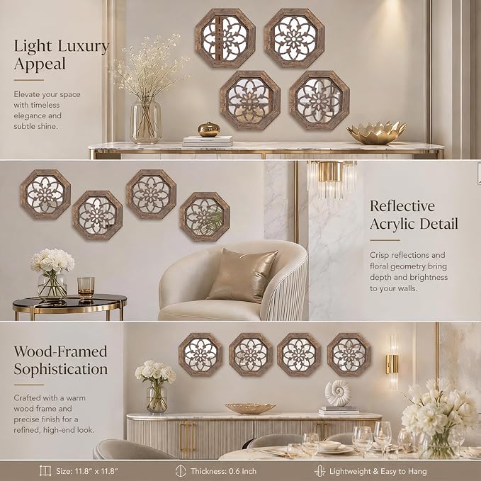 4 Pack 12 Inch Octagon Maroon Rustic Wood Frame Acrylic Wall Mirrors, Farmhouse Boho Wall Art Decor for Living Room, Bedroom, Hallway, Entryway, Bathroom & Office - Image 9