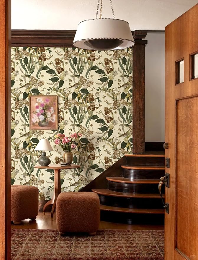Beige Floral Bird Peel and Stick Wallpaper for Cabinet 17in x 197in | Flower Contact Paper Vintage Floral Wallpaper Boho Self Adhesive Waterproof Wall Paper Botanical Removable Decorative Vinyl - Image 8