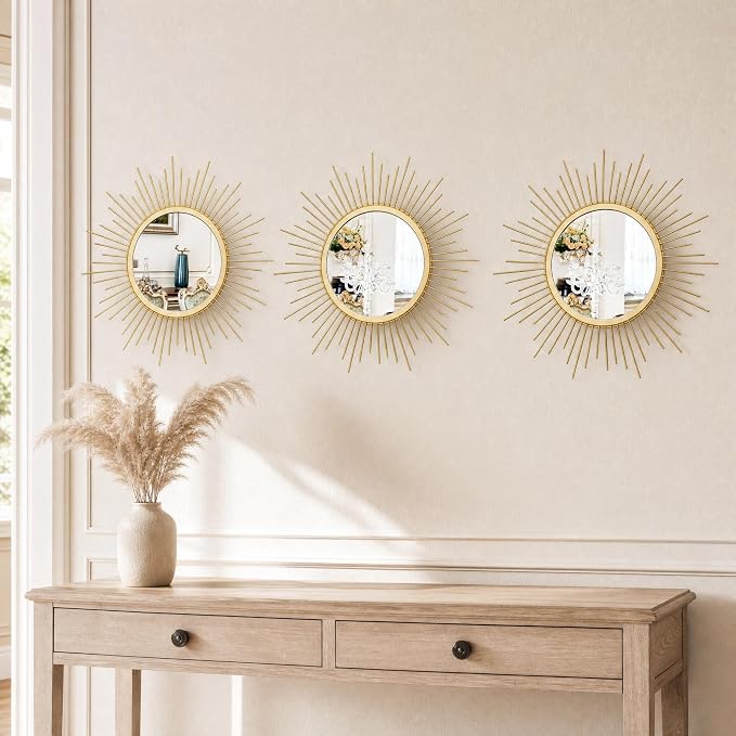 Gold Sunburst Mirror Set of 3, 3PCS Metal Round Decorative Wall Mirrors, Starburst Accent Mirror Wall Decor for Living Room, Bedroom, Entryway, Hallway & Bathroom - Image 7