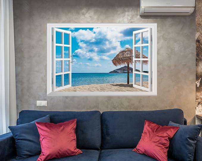 FLFK Fake Window Wall Mural - Ocean Beach Faux Window Wall Sticker for Wall Decor, Peel and Stick Wall Decals,48"x32",Set of 2 Sheets - Image 6