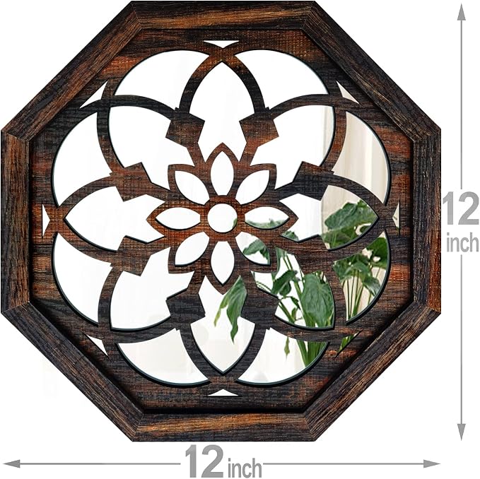 ZOLAPI 2-Piece Octagon Wall-Mounted Mirrors,Vintage Farmhouse Mirror for Wall Decor,Caramel Color Decorative Accent Mirror for Foyer, Bathroom, Bedroom. (12”x12”) - Image 7