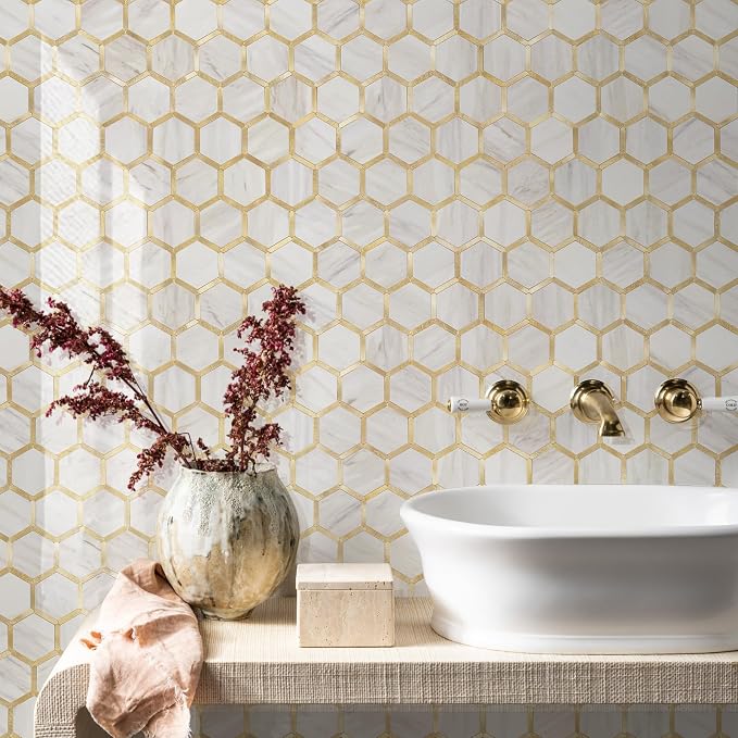 STICKGOO Hexagon Peel and Stick Backsplash Tile, Stick on Backsplash for Kitchen and Bathroom, Glossy Eurasian Wood Grain PVC Mixed Metal Gold Self Adhesive Wall Tiles(10 Sheets, Seamless) - Image 7