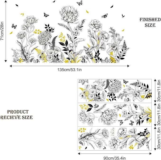 Black Yellow Flower Wall Decals, 3 Sheets Sketch Garden Floral Wall Stickers Simple Line Wildflower Grass Butterflies Art Decor Bedroom Bathroom Hallway Sofa Gifts for Mom(11.8x35.4 in/Sheet) - Image 8