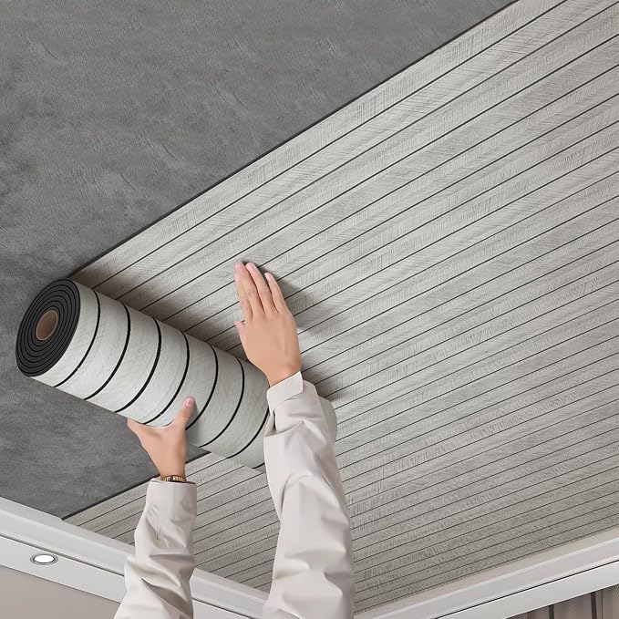 Chejiaye Peel and Stick 3D Wall Panel -15.75"x118"Soundproof Self-Adhesive Wall Sticker, Removable Thick PVC Slat Contact Paper for Kitchen Bedroom,Ceiling Wall Decoration Wood Grain (Light Grey) - Image 9