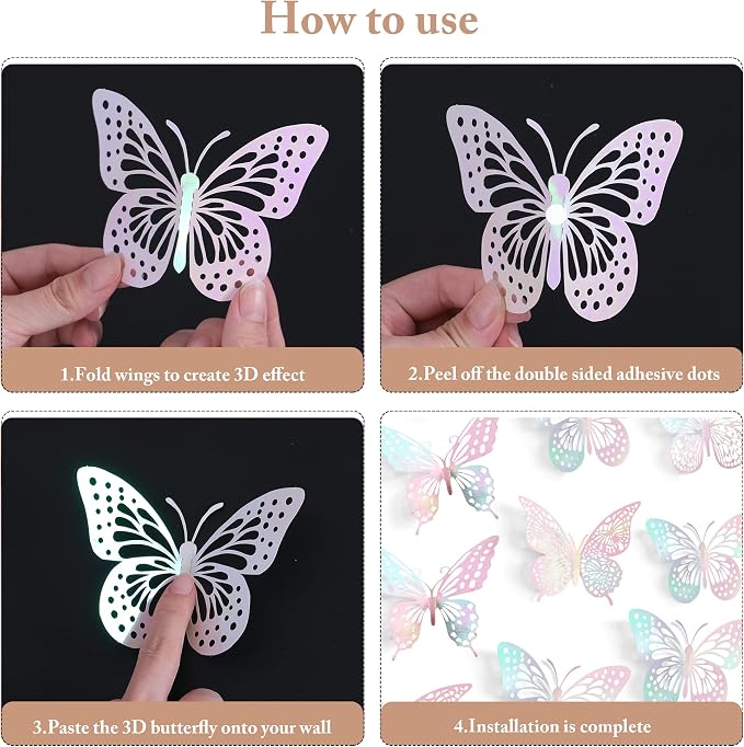 SAOROPEB 3D Butterfly Wall Decor 48 Pcs Laser Pink Butterfly Decorations | 4 Styles 3 Sizes, Birthday Decorations Butterfly Party Decorations Cake Decorations, Removable Stickers - Image 7