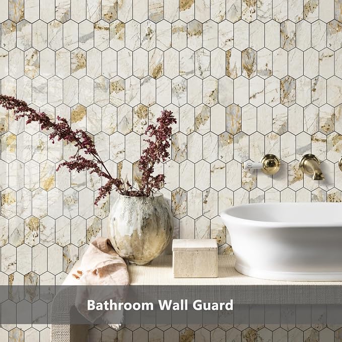 Vamos Tile Long Hexagon Peel and Stick Backsplash Tile - 10 Sheets Stick on Backsplash for Kitchen and Bathroom 12.4 x 12 Inch Glossy Pandora Marble with Gold Veining PVC Self Adhesive Wall Tiles - Image 7