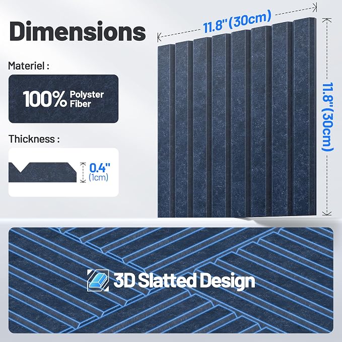 12 Pack Sound Proof Foam Panels for Walls, Acoustic Panels Self-Adhesive | 12" X 12" X 0.4" Slatted Soundproof Wall Panel, High Density Sound Absorbing Panel for Gaming Recording Studio Decor-Blue - Image 7