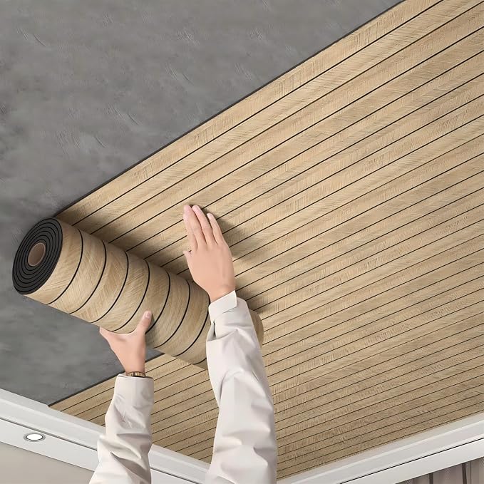 Chejiaye Peel and Stick 3D Wall Panel -23.6"x118"Soundproof Self-Adhesive Wall Sticker, Removable Thick PVC Slat Contact Paper for Kitchen Bedroom,Ceiling Wall Decoration Wood Grain (Brown) - Image 9
