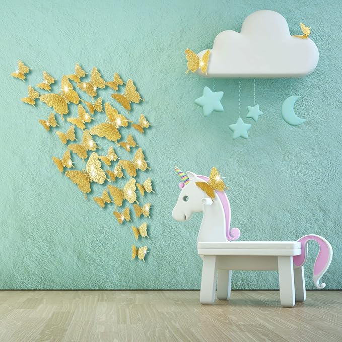 BBTO 48 Pcs 3D Butterfly Mirror Wall Decor,Glitter Gold | Butterfly Stickers,3 Sizes,for Birthday Party Cake,Room Nursery Bathroom Wall Decor,Removable Peel Stick,Reflective - Image 8