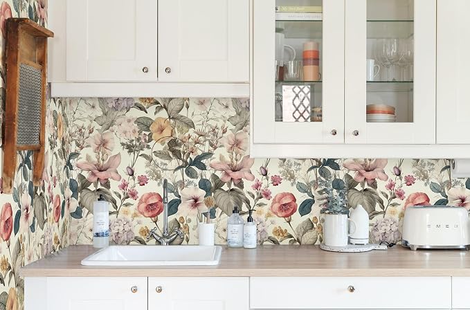 Jeweluck Vintage Floral Wallpaper Peel and Stick Wallpaper 16.9”x590.5” | Flower Contact Paper Poppy Floral Wall Paper Boho Removable Self Adhesive Wallpaper for Bedroom Drawer Liner Decorative Vinyl - Image 9