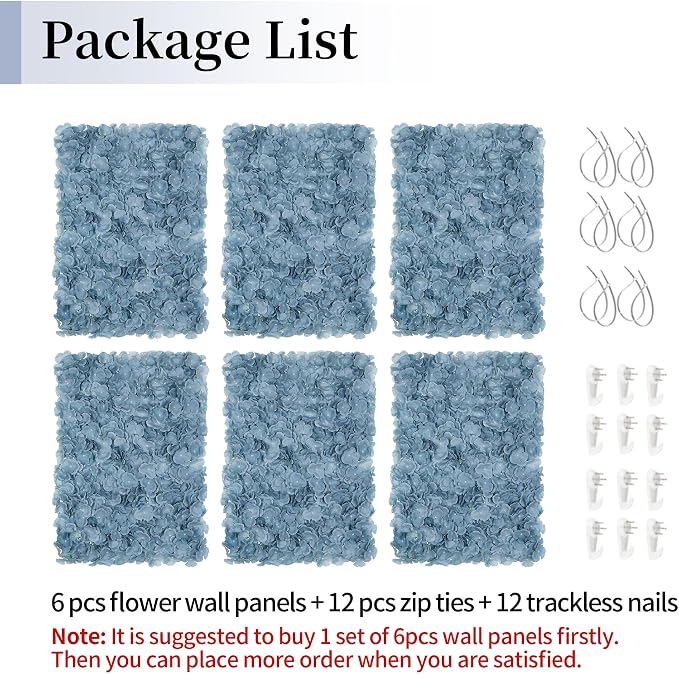 BLOSMON Flower Wall Panel Backdrop - 6 Pcs 24 x 16 Inch Dusty Blue Artificial Hydrangea Floral Backdrop for Wedding Party Baby Bridal Shower Decor, Hanging Fake Silk Hydrangea Wall DIY Decoration | Artificial Hydrangea Backdrops, for Wedding, Party, Ba... - Image 7