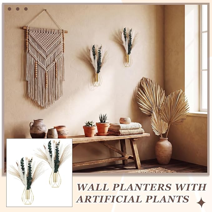 Otoolling Boho Wall Decor Set of 2 – Metal Hanging Wall Art with Faux Pampas or Eucalyptus,Minimalist Bohemian Accent for Living Room, Bedroom, Entryway(Gold,Pampas,Eucalyptus) - Image 7