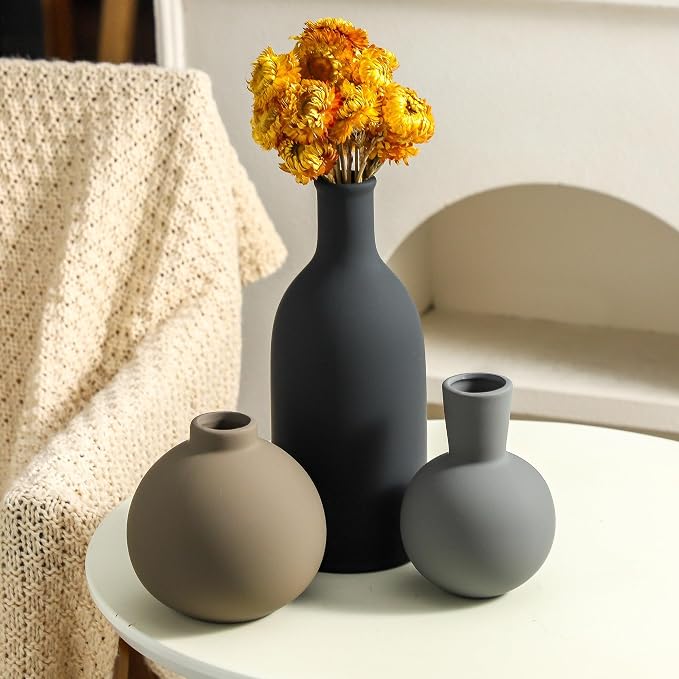 Ceramic Vase Set of 3 | Neutral Vases Home Decor | Modern Flower Pottery Vases Rustic Farmhouse Vase for Table Entryway Mantel Centerpiece Bookshelf Living Room Bathroom Bedroom -Multicolor Large - Image 8
