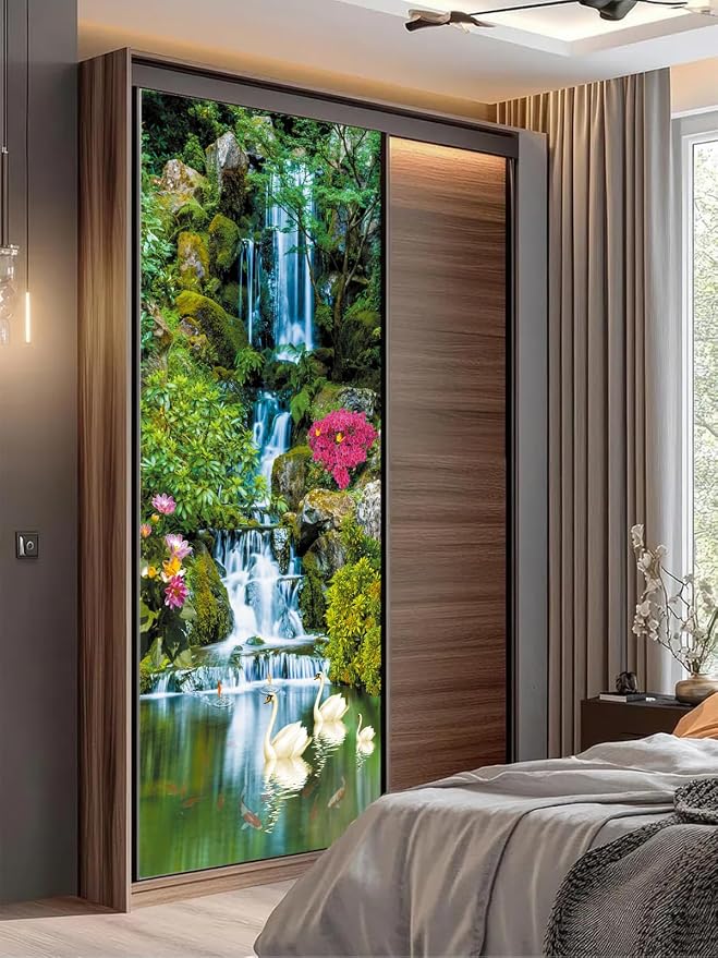 artfanke 3D Peel and Stick Door Sticker 33.5"x84.6"- Self-Adhesive Door Wallpaper Murals Decal-Waterfall Swan Wall Poster for Home Decor (2 Sheets/Set) - Image 7