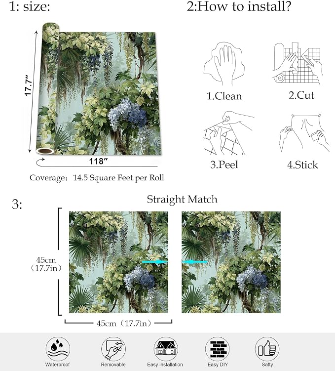 Vintage Wisteria Palm Botanical Peel and Stick Wallpaper | Soft pale backdrop wisteria and palm vine print, Removable waterproof vinyl wall covering, bedroom accent wall decor - Image 9