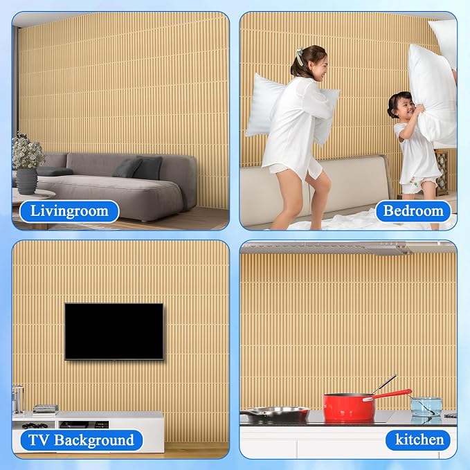 Nuanchu 60 Pcs 3D Wall Panels, 12"x12" PVC Fluted Tiles, Natural Oak | Waterproof Accent Panels, Paintable Wall Tiles, for TV Background, Bedroom, Bathroom, Gaming Room, Cuttable Home DIY Decor - Image 7