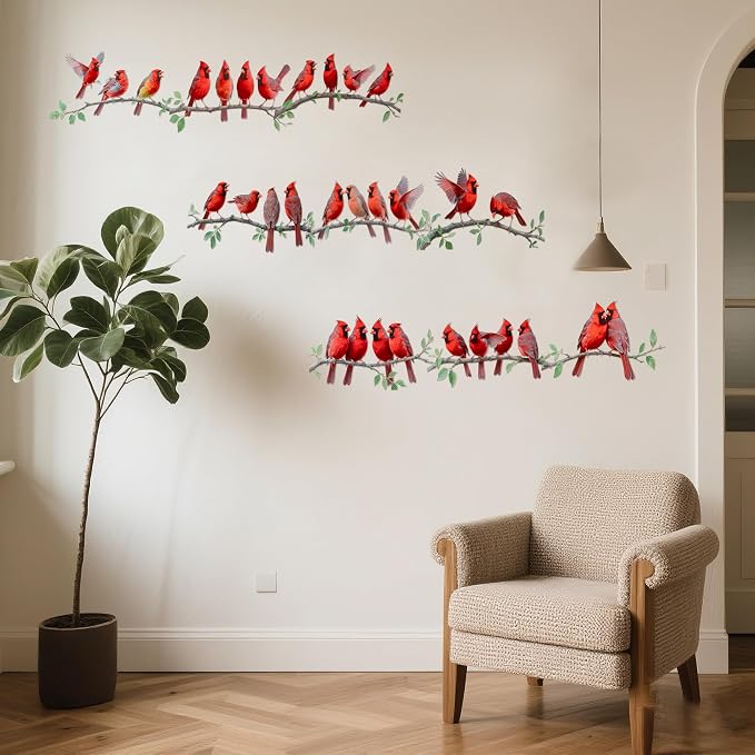 9Pcs Spring Funny Cardinal Birds Vinyl Decals on Branch Wall Easy Peel and Stick Watercolor Patterns Cute Red Birds Vinyl Wall Stickers for Women Students Girl Boys Party Room Decor - Image 5