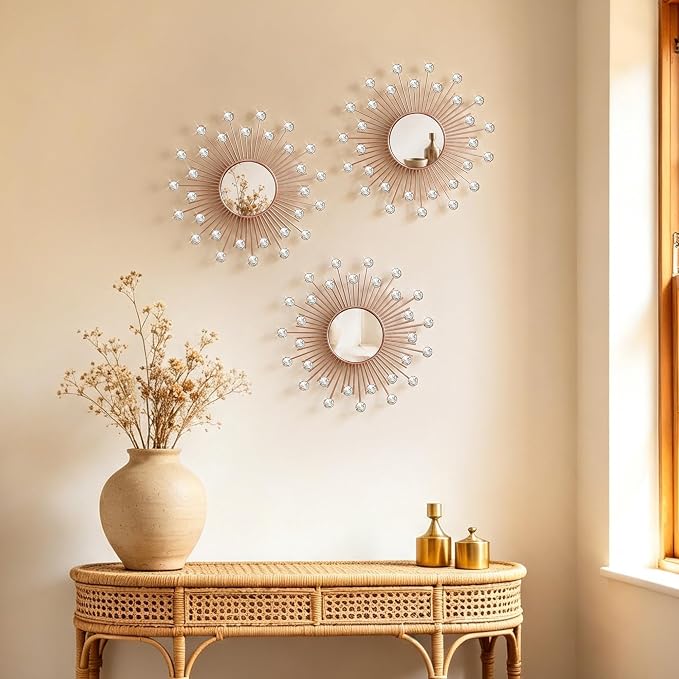 3 Pack Metal Mirrors for Wall Sunburst Wall Mirrors Home Décor Decorative Hanging Wall Art for Living Room Bedroom Entryway (Rose Gold2 Crystal, Sunburst) - Image 9