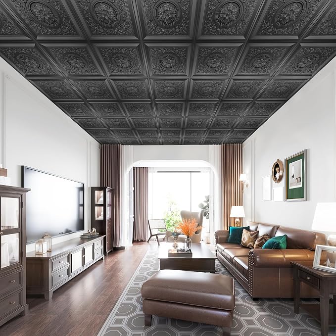 WOWSTAR 12-Pack 24"x24" Drop Ceiling Tiles, Waterproof Glue Up Vintage Style 3D Ceiling Tiles, Black | PVC ceiling panels, 24"x24", waterproof, glue-up install, basement kitchen bathroom, 12-pack - Image 7