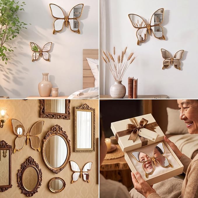 Fumete 2 Pcs Butterfly Mirror Wall Decor Vintage Gold Resin Insect Art Decorative Wall Mirror Retro Hanging Bug Animal Glass Mirrors Garden Nature Gift for Summer Wedding Home Accent Housewarming - Image 6