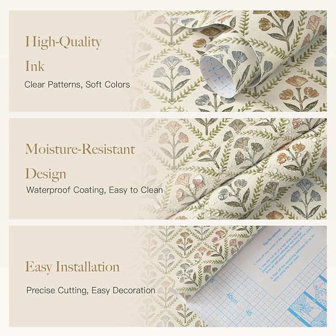 Dimoon Vintage Peel and Stick Wallpaper Retro Botanical Contact Paper Farmhouse Wallpaper Cottage Renter Friendly Removable Geometric Wall Paper for Bathroom Kitchen Textured Vinyl 17.3''x197'' - Image 9
