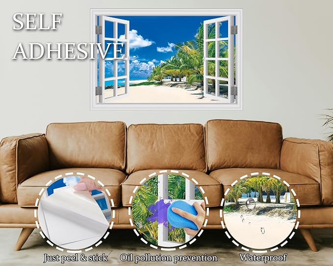 FLFK Fake Window Wall Sticker, White Frame Tropical Beach Scene, Peel and Stick Removable Wall Decal, Paradise Ocean View with Palm Trees, 48 x 32 Inches, Modern Style, Indoor Use - Image 7