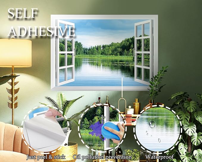 FLFK Fake Window Wall Sticker, Lake Forest Nature View Peel and Stick Mural, White Frame, Self-Adhesive Removable Decal, 48 x 32 Inches, Easy Peel and Stick, for Home, Office, Bedroom Decor - Image 7