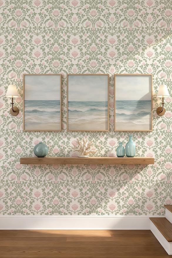 YXTII 590.5" × 17.3" Floral Wallpaper Peel and Stick Pink and Green Wallpaper Vintage Damask Wall Paper for Bedroom Bathroom Decorative Self Adhesive Contact Paper - Image 7