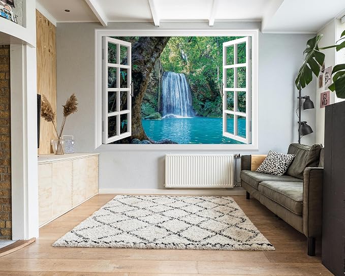 FLFK Fake Window Wall Mural - Waterfall and Lake in The Jungle Faux Window Wall Decal for Wall Decor, Peel and Stick Wall Sticker,80"x60",Set of 5 Sheets - Image 6