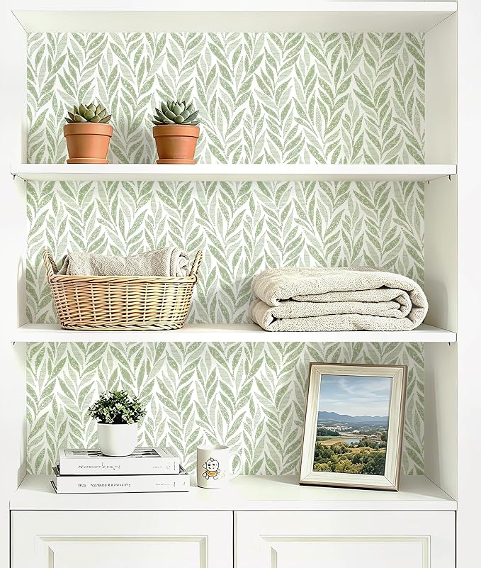 Safiyya Green Leaf Peel and Stick Wallpaper 393"x17.3" Boho Modern Farmhouse Wall Paper Sage Contact Paper Waterproof Self Adhesive Removable Wallpaper for Bedroom Bathroom Vinyl Roll - Image 7