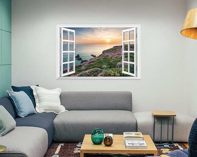 FLFK Fake Window Wall Mural - Sunset Over the Sea Faux Window Wall Sticker for Wall Decor, Stick and Peel Wall Decals,48"x32",Set of 2 Sheets - Image 6