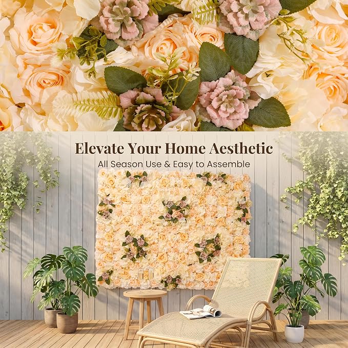 Flower Wall Backdrop, 12 Panels, 16.5x16.5 Inch, Champagne Rose | 3D design, realistic look, Seamless Design,eco-friendly,easy to assemble,reusable,.Suitable for weddings,Party,home décor - Image 9
