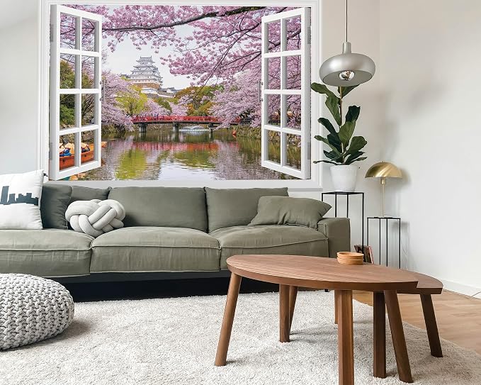 FLFK Fake Window Wall Mural - Cherry Blossom Faux Window Wall Decal for Wall Decor, Peel and Stick Wall Sticker,80"x60",Set of 5 Sheets - Image 6