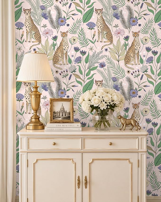 Floralplus Wallpaper Peel and Stick Vintage Pink Floral Wallpaper | Renter Friendly, Removable, Self Adhesive, Jungle Leopard Wallpaper, Textured Contact Paper for Nursery, 17.5 x 118 in - Image 9