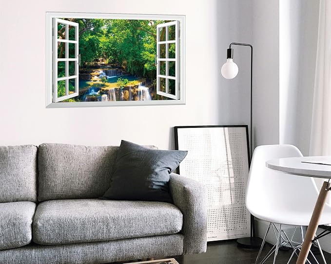 FLFK Fake Window Wall Mural - Jungle Waterfall Faux Window Wall Sticker for Wall Decor, Peel and Stick Wall Decals,48"x32",Set of 2 Sheets - Image 6