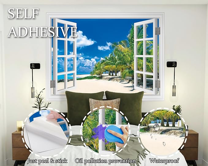 FLFK Fake Window Wall Sticker, White Frame Tropical Beach Scene, Peel and Stick Removable Wall Decal, Paradise Ocean View with Palm Trees, 80 x 60 Inches, Modern Style, Indoor Use - Image 7