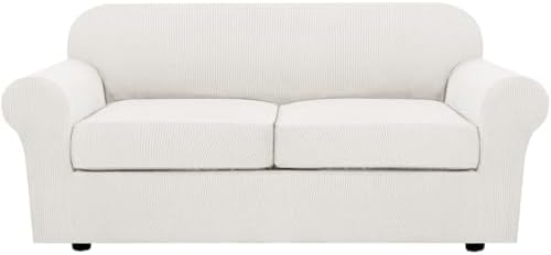 H.VERSAILTEX 3 Piece Stretch Sofa Covers for 2 Cushion Sofa Couch Covers for Living Room Sofa (Base Cover Plus 2 Seat Cushion Covers) Thicker Jacquard Fabric (Large Sofa, Porcelain White) by HVERSAILTEX