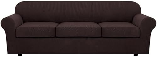 H.VERSAILTEX 4 Piece Stretch Sofa Covers for 3 Cushion Couch Covers for Living Room Furniture Slipcovers (Base Cover Plus 3 Seat Cushion Covers) Thicker Jacquard Fabric (Large Sofa, Chocolate) by HVERSAILTEX
