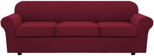 H.VERSAILTEX 4 Piece Stretch Sofa Covers for 3 Cushion Couch Covers for Living Room Furniture Slipcovers (Base Cover Plus 3 Seat Cushion Covers) Thicker Jacquard Fabric (Large Sofa, Burgundy) by HVERSAILTEX