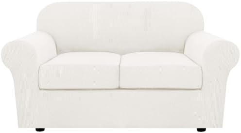H.VERSAILTEX 3 Piece Stretch Sofa Covers for 2 Cushion Loveseat Couch Covers for Living Room Sofa (Base Cover Plus 2 Seat Cushion Covers) Thicker Jacquard Fabric (Medium Sofa, Porcelain White) by HVERSAILTEX
