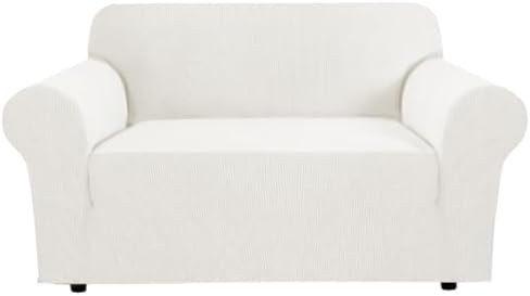 H.VERSAILTEX Stretch Couch Cover Loveseat Covers for 2 Cushion Couch Sofa Slipcover for Love Seat 1 Piece with Elastic Bottom, Checked Jacquard Fabric(Loveseat 58"-70" Wide, Porcelain White) by HVERSAILTEX